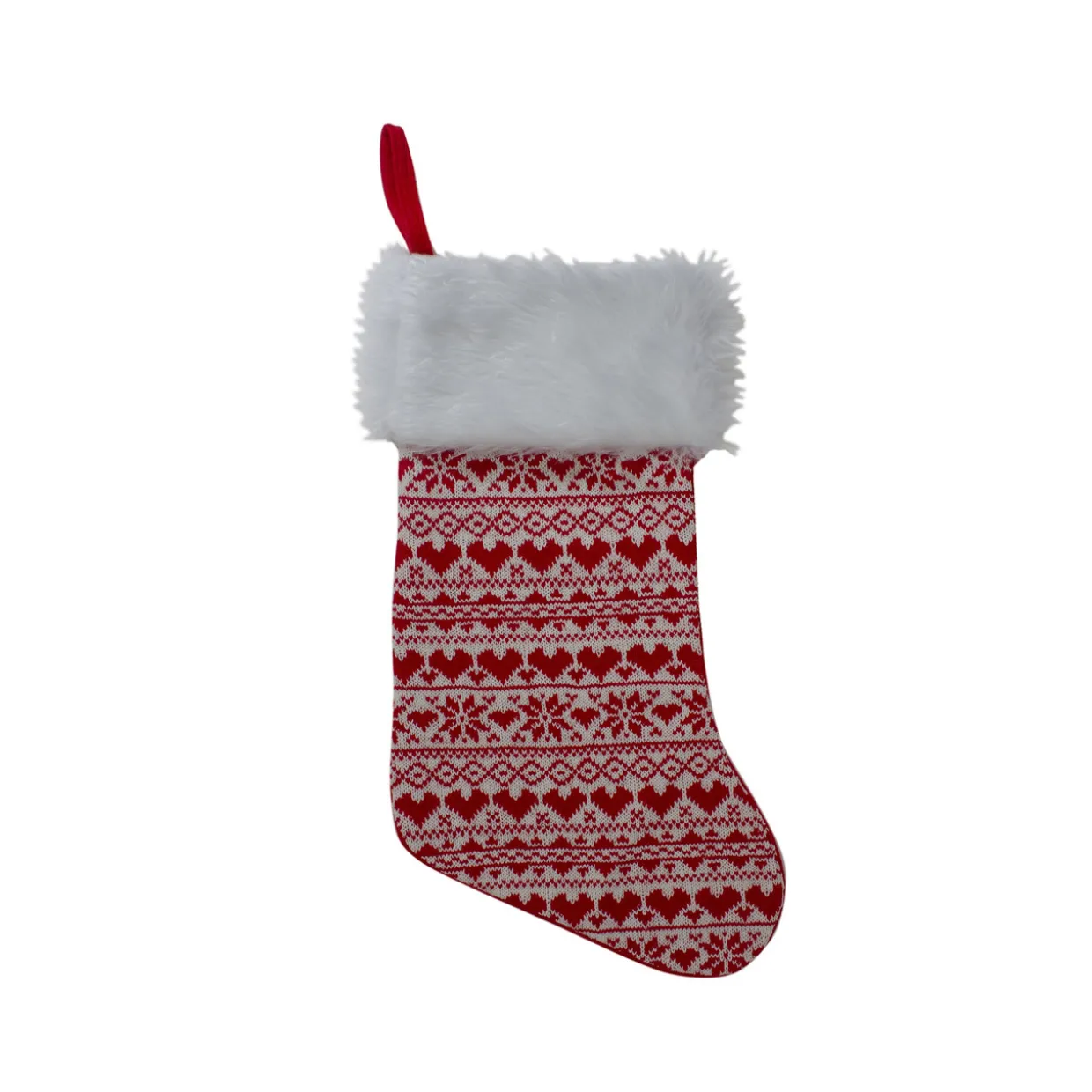 19" Red and White Hearts With Snowflakes Knit Christmas Stocking Faux Fur Cuff