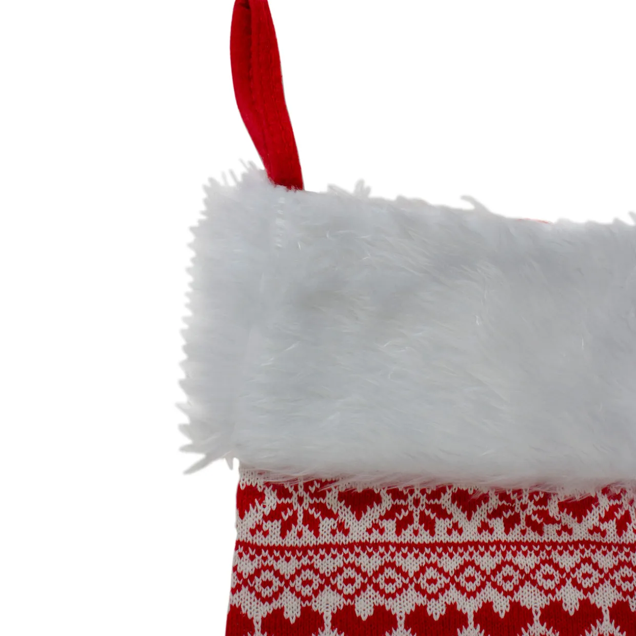 19" Red and White Hearts With Snowflakes Knit Christmas Stocking Faux Fur Cuff
