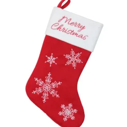 16" Red and White Merry Christmas Snowflake Embroidered Christmas Stocking
