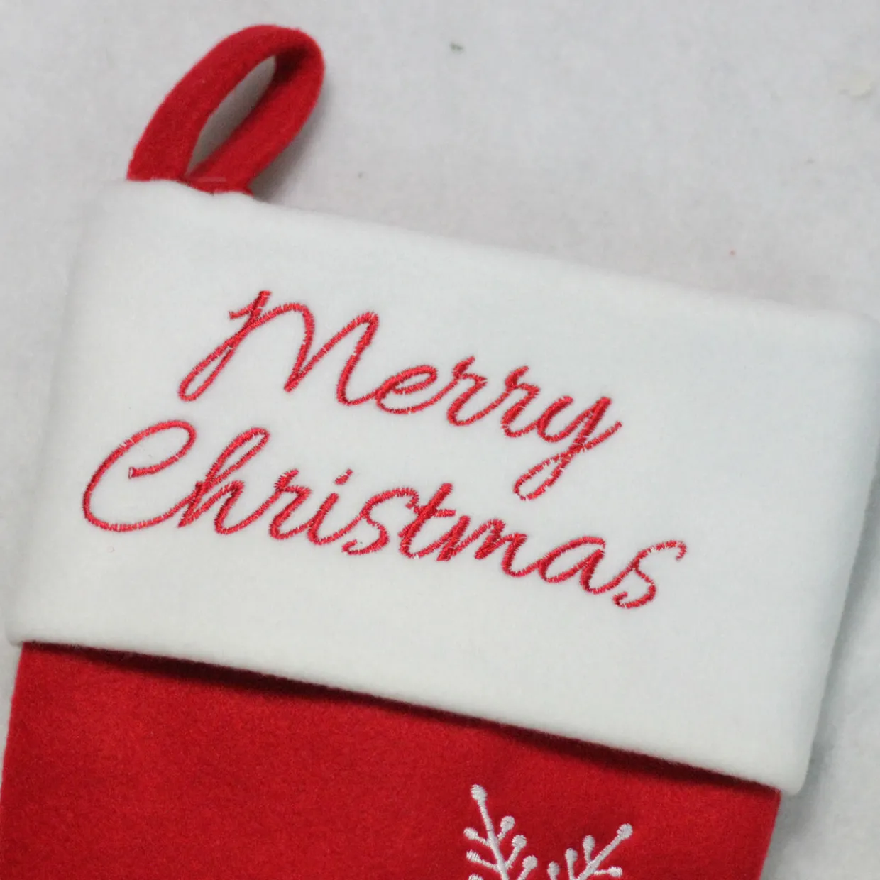 16" Red and White Merry Christmas Snowflake Embroidered Christmas Stocking