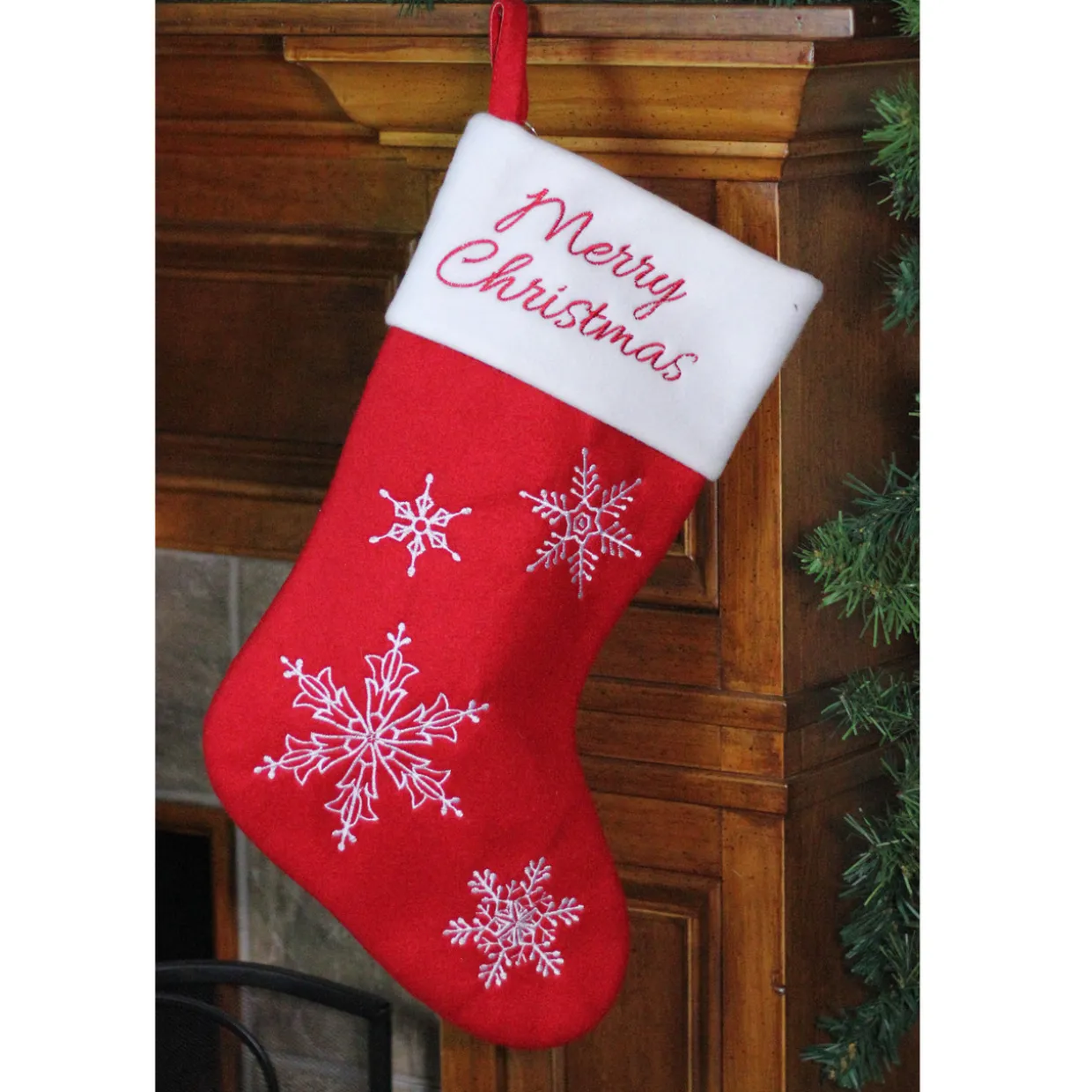 16" Red and White Merry Christmas Snowflake Embroidered Christmas Stocking