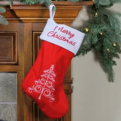 15.75" Red and White Merry Christmas Tree Stocking with Cuff