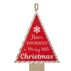 16” Red and White Merry Little Christmas Tree Wooden Hanging Wall Sign