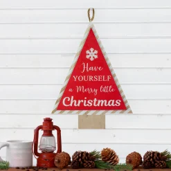 16” Red and White Merry Little Christmas Tree Wooden Hanging Wall Sign