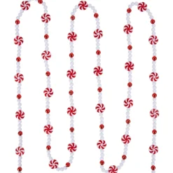 9' Red and White Peppermint Candy Beaded Christmas Garland, Unlit