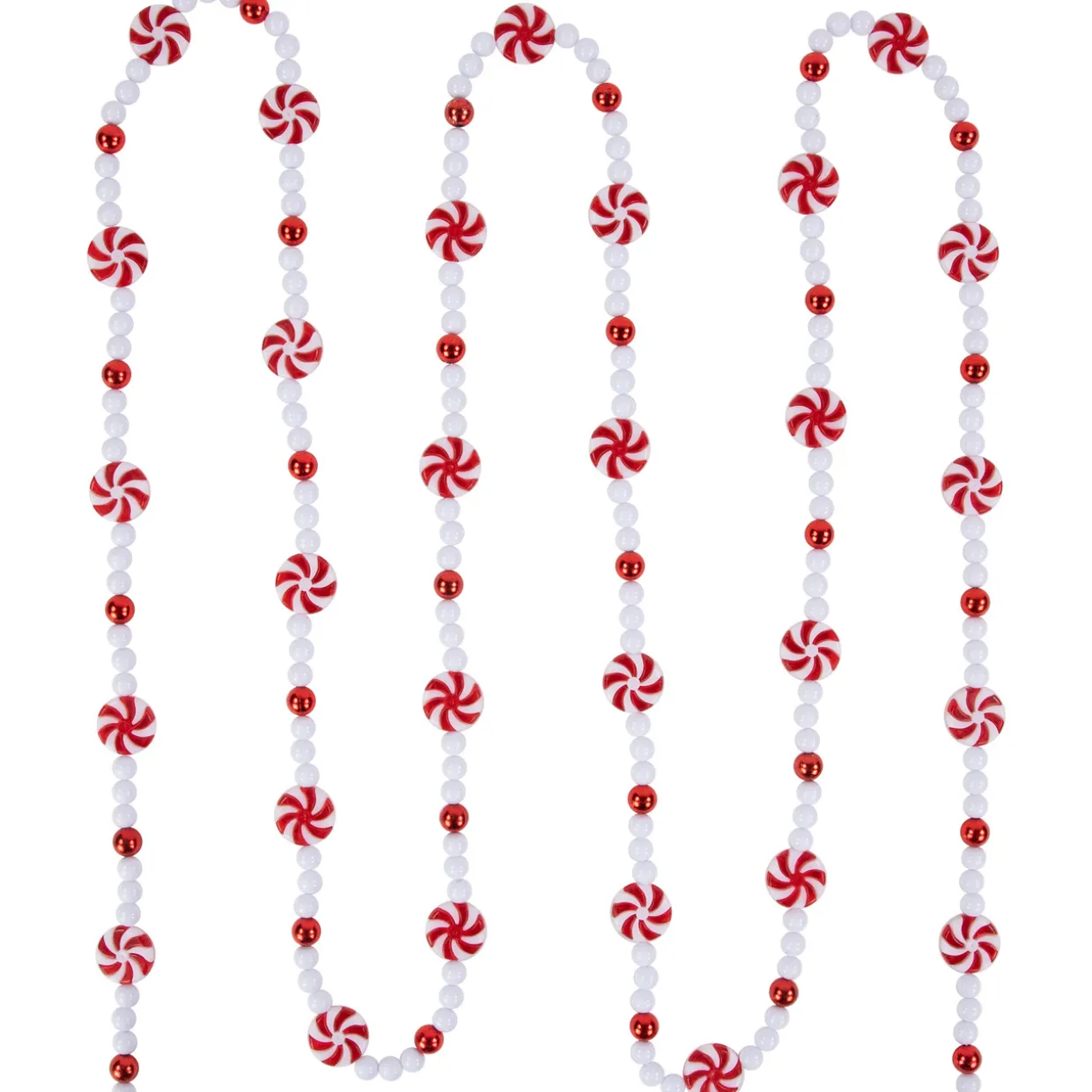 9' Red and White Peppermint Candy Beaded Christmas Garland, Unlit