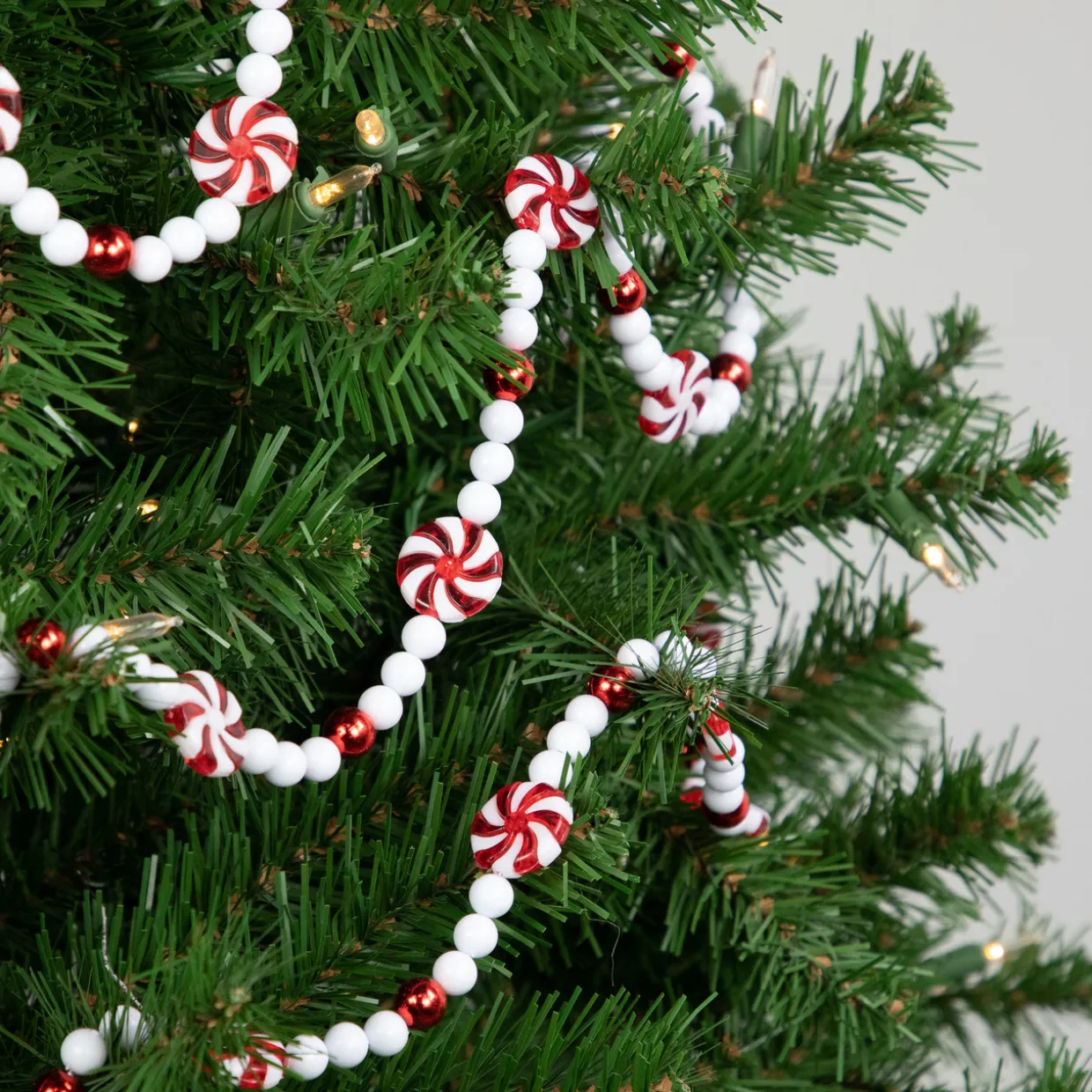 9' Red and White Peppermint Candy Beaded Christmas Garland, Unlit