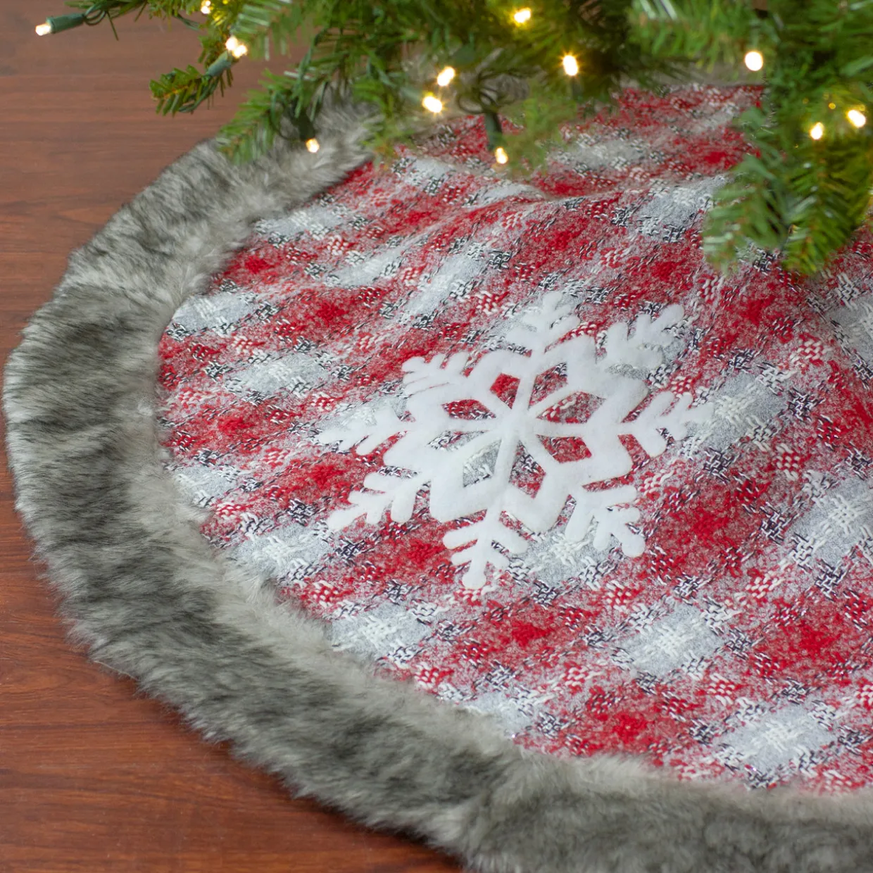 48" Red and White Plaid Christmas Tree Skirt with Snowflake