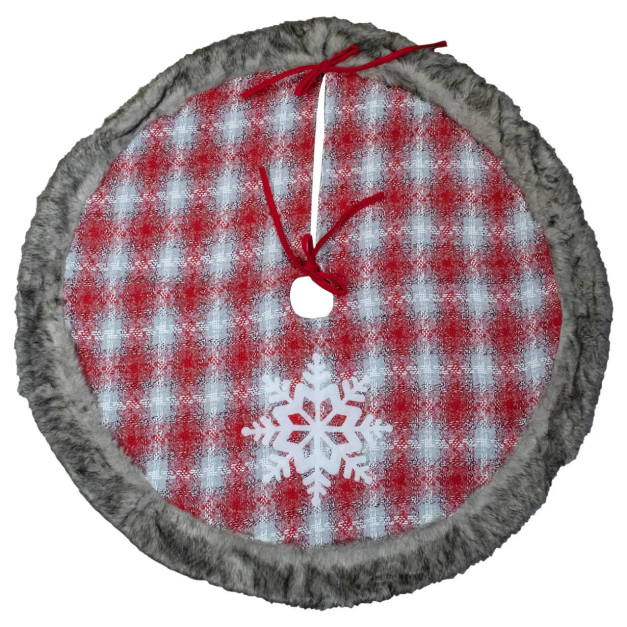 48" Red and White Plaid Christmas Tree Skirt with Snowflake