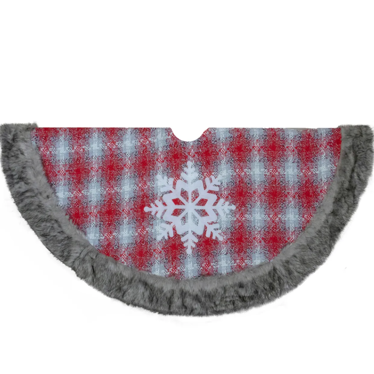 48" Red and White Plaid Christmas Tree Skirt with Snowflake