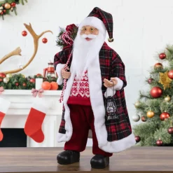 24" Red and White Santa Claus with Lantern and Gift Bag Christmas Figure