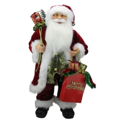 24" Red and White Santa Claus with Gift Bags and Green Vest Christmas Figure