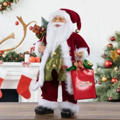 24" Red and White Santa Claus with Gift Bags and Green Vest Christmas Figure