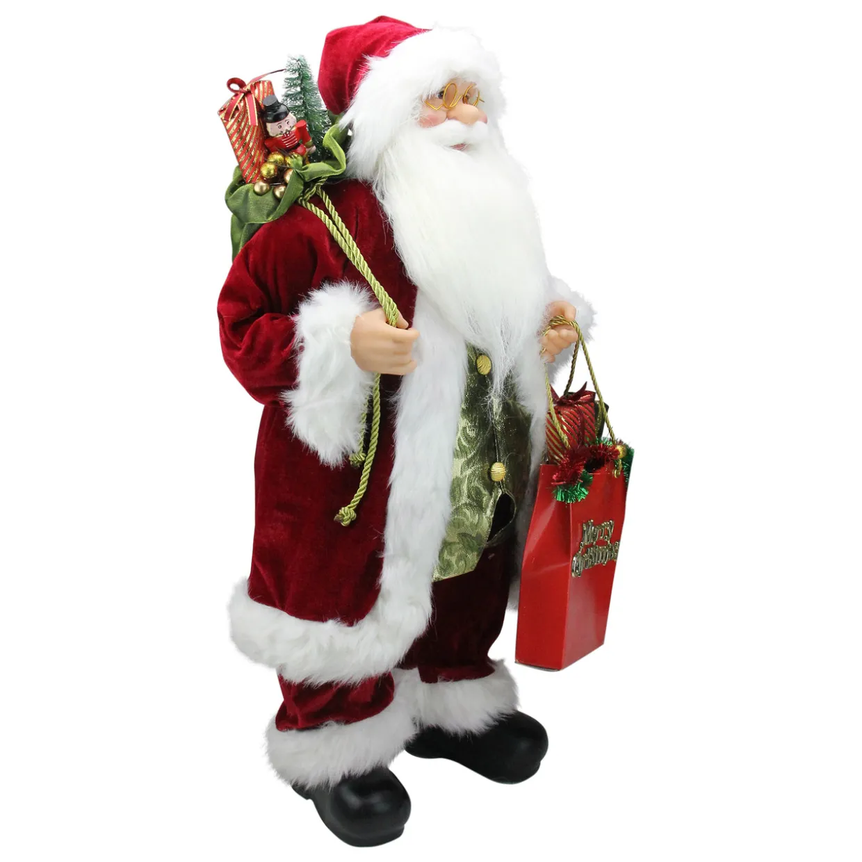 24" Red and White Santa Claus with Gift Bags and Green Vest Christmas Figure