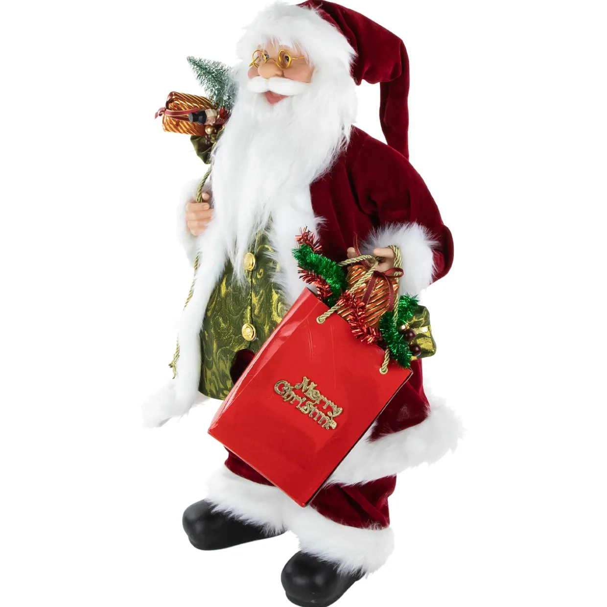 24" Red and White Santa Claus with Gift Bags and Green Vest Christmas Figure