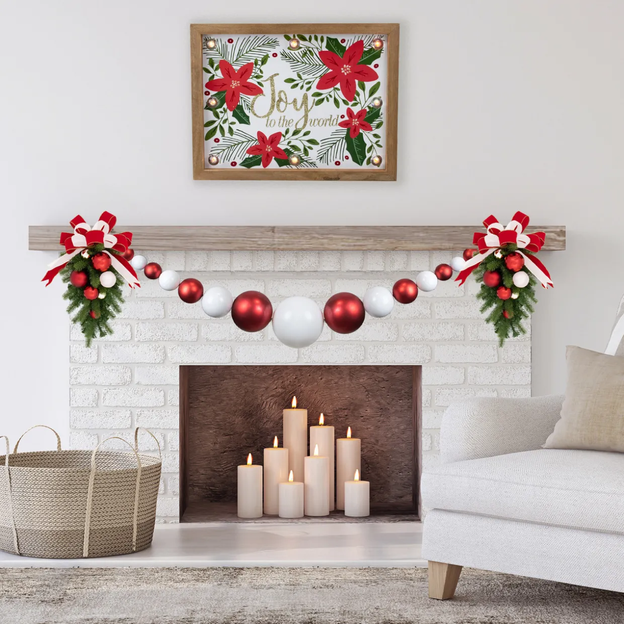 6' Red and White Shiny and Matte Shatterproof Ball Christmas Swag