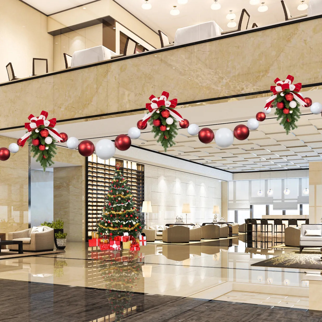 6' Red and White Shiny and Matte Shatterproof Ball Christmas Swag