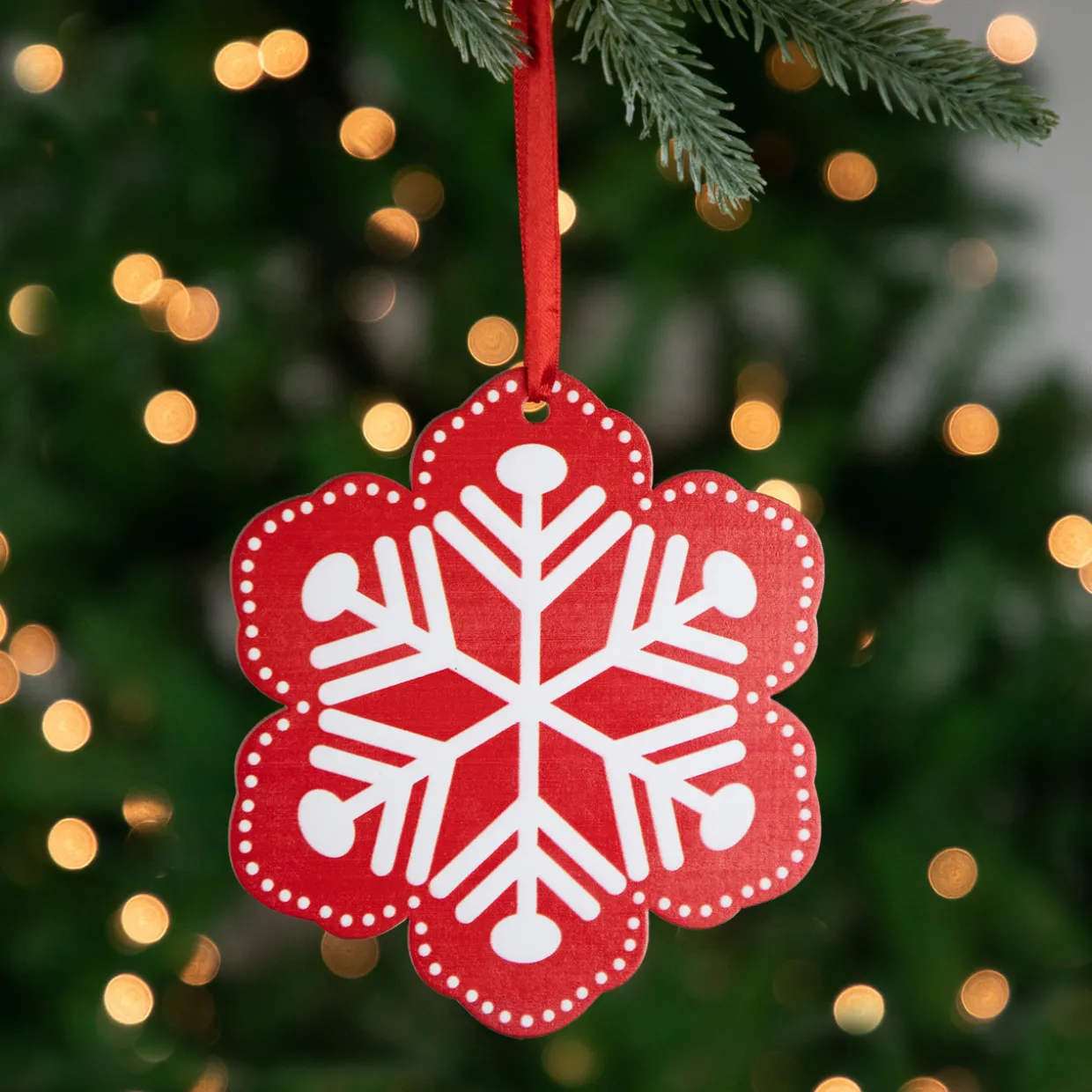 6" Red and White Snowflake Wooden Christmas Ornament