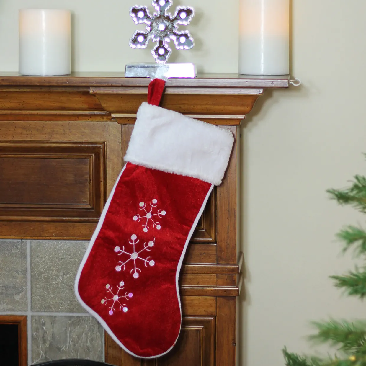 19" Red and White Snowflake Embroidered Christmas Stocking