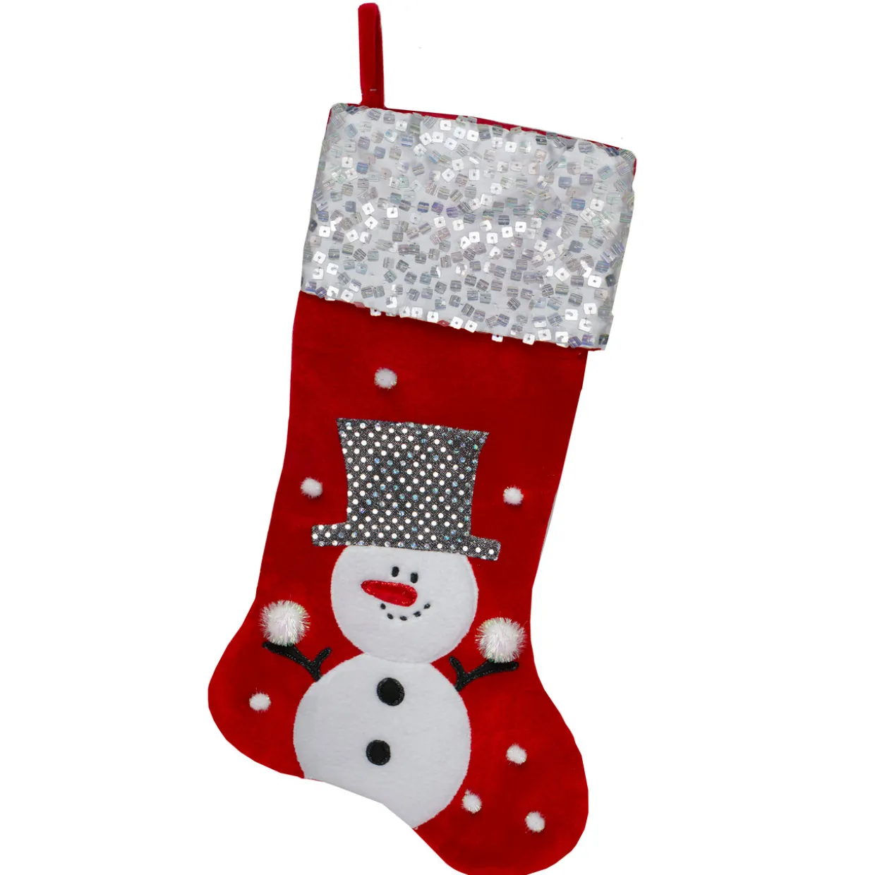 20.5" Red and White Snowman Embroidered Christmas Stocking with Sequined Cuff