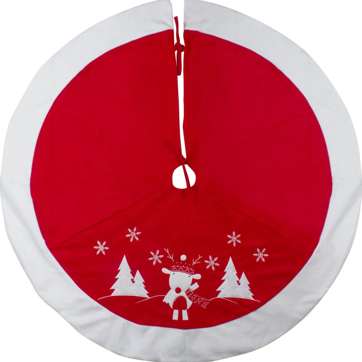 48" Red and White Winter Reindeer Embroidered Christmas Tree Skirt