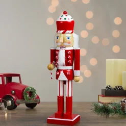 14" Red and White Wooden Candy Cane King Christmas Nutcracker