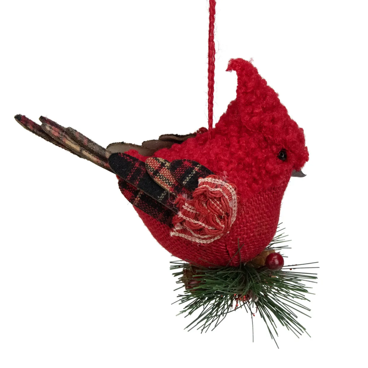 6.5" Red Burlap Cardinal with Pine Needles and Berries Christmas Ornament
