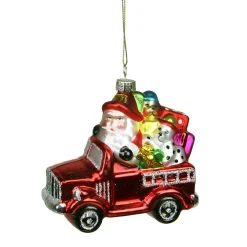 4" Red Fire Truck with Santa and Presents Glass Christmas Ornament