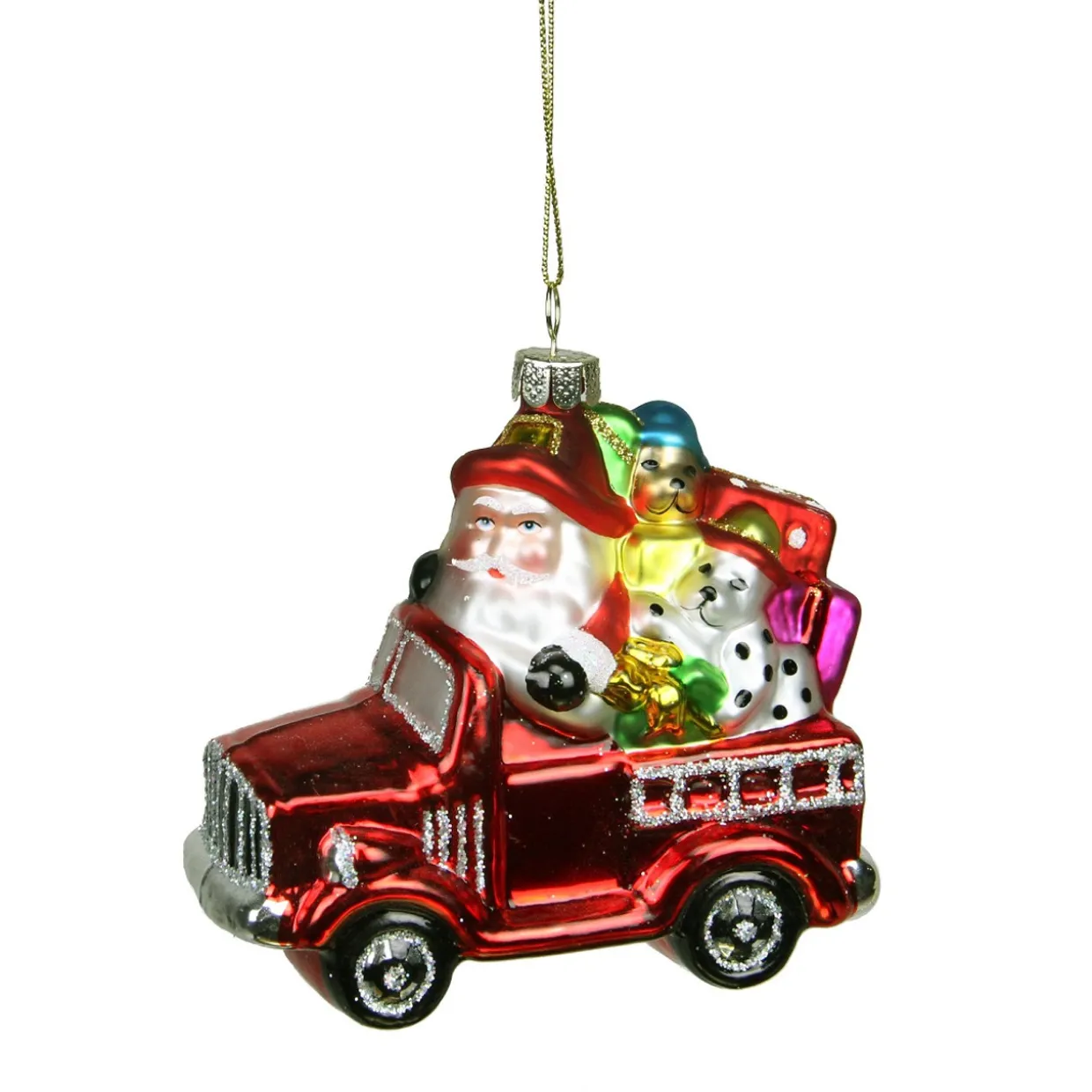 4" Red Fire Truck with Santa and Presents Glass Christmas Ornament