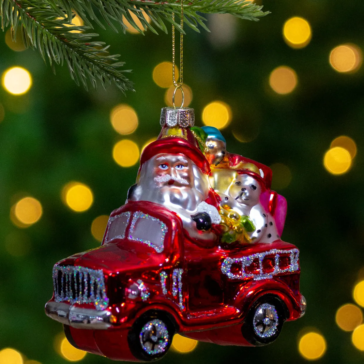 4" Red Fire Truck with Santa and Presents Glass Christmas Ornament