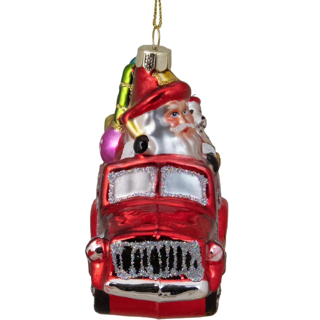 4" Red Fire Truck with Santa and Presents Glass Christmas Ornament