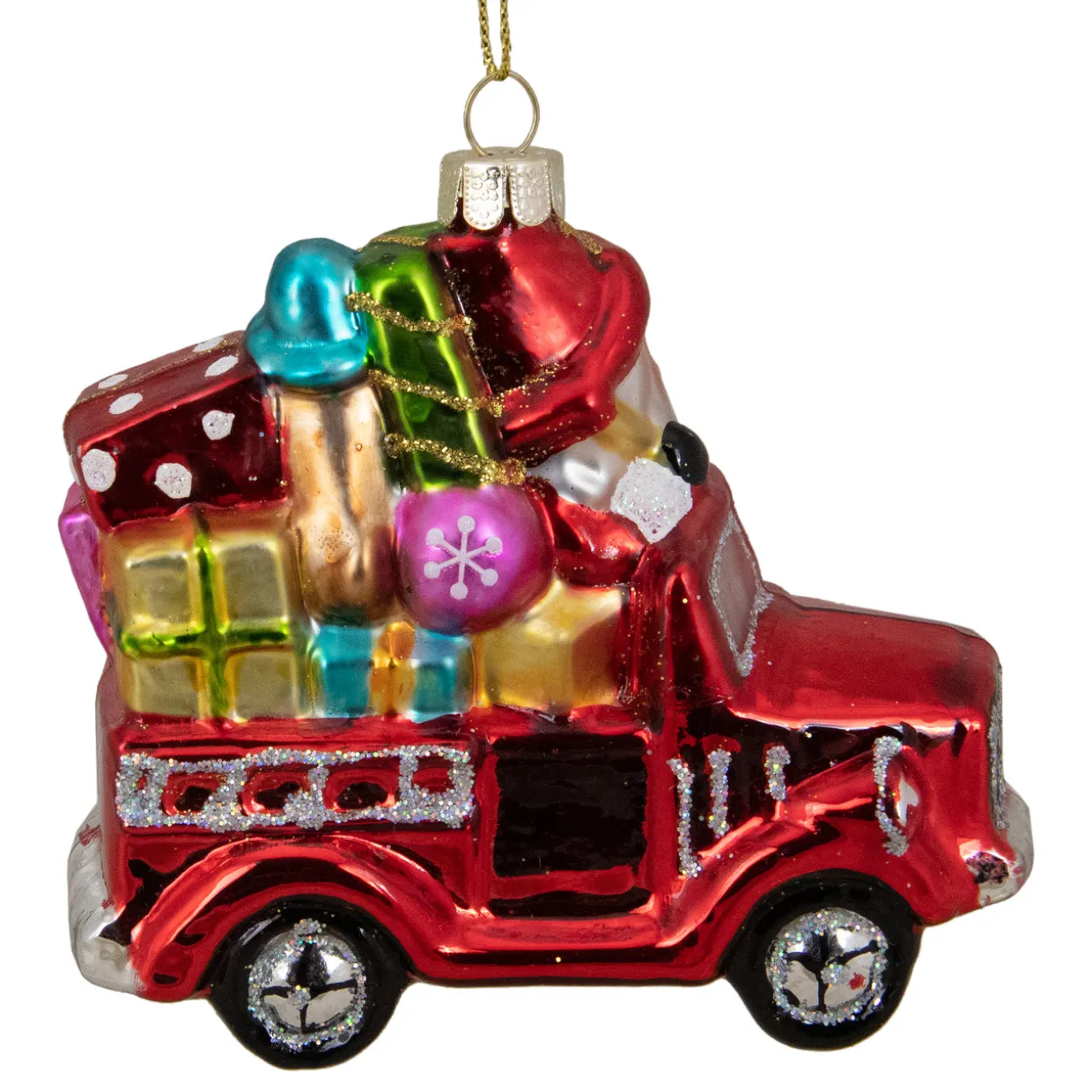 4" Red Fire Truck with Santa and Presents Glass Christmas Ornament