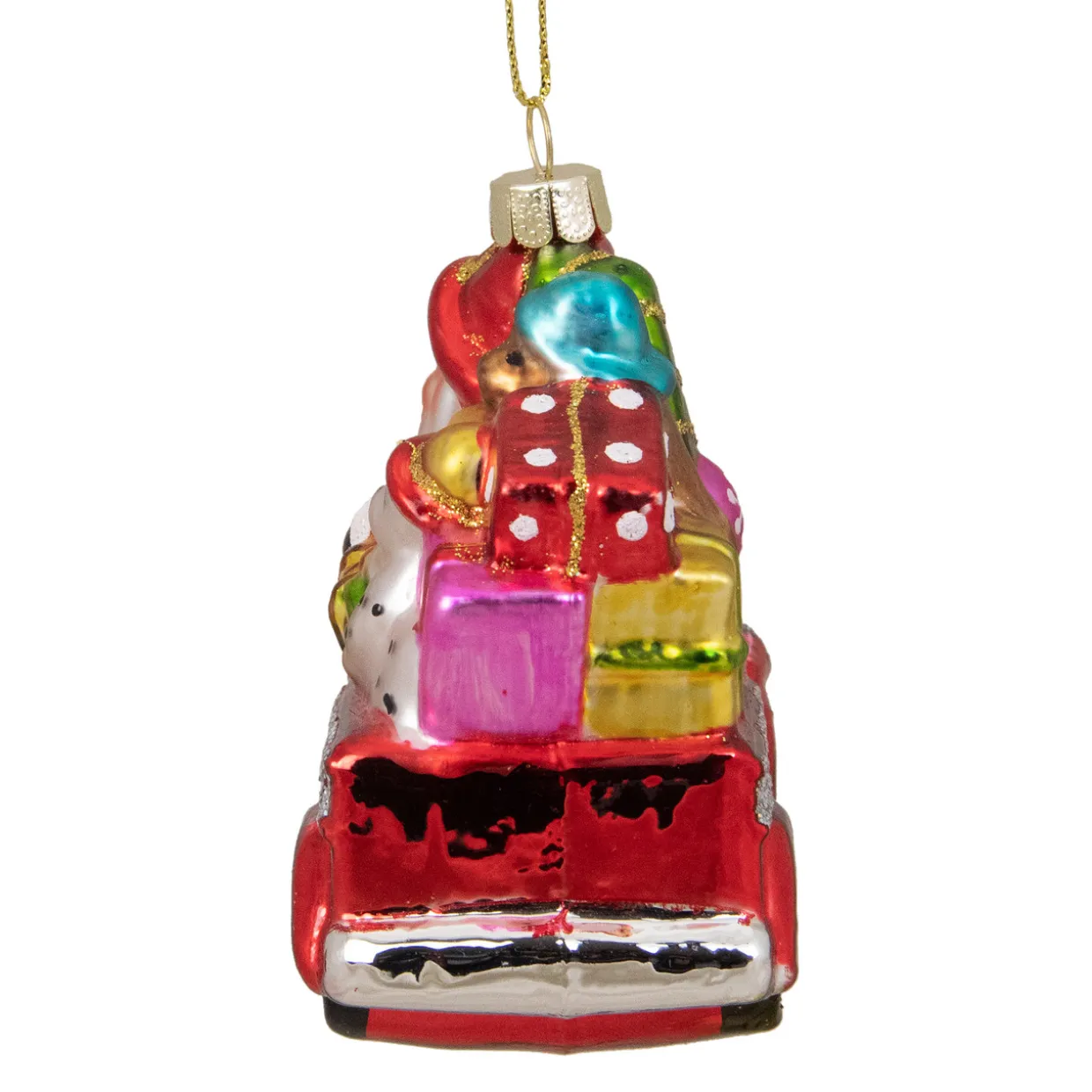 4" Red Fire Truck with Santa and Presents Glass Christmas Ornament