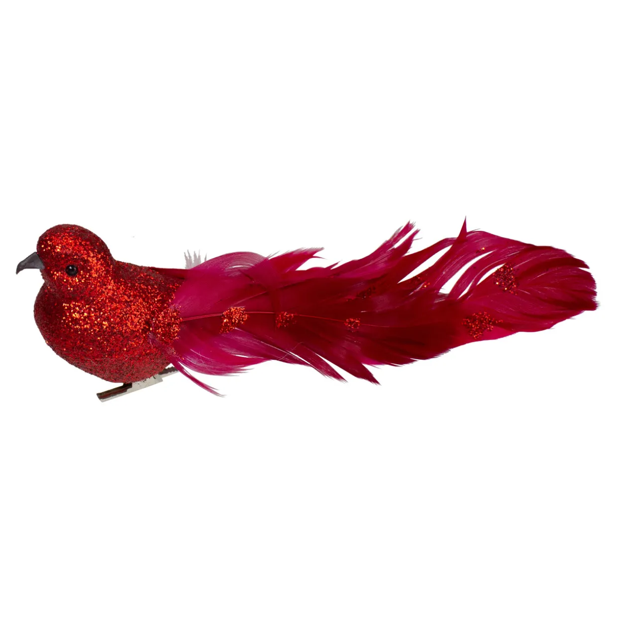 7" Red Glittered Bird With Feathers Christmas Clip On Ornament