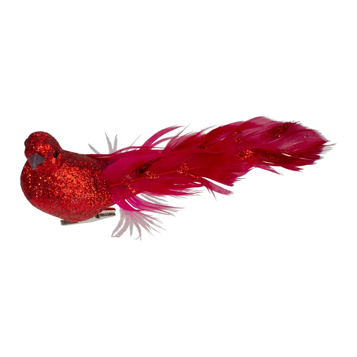7" Red Glittered Bird With Feathers Christmas Clip On Ornament