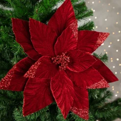 24" Red Glittered Poinsettia Christmas Stem Spray