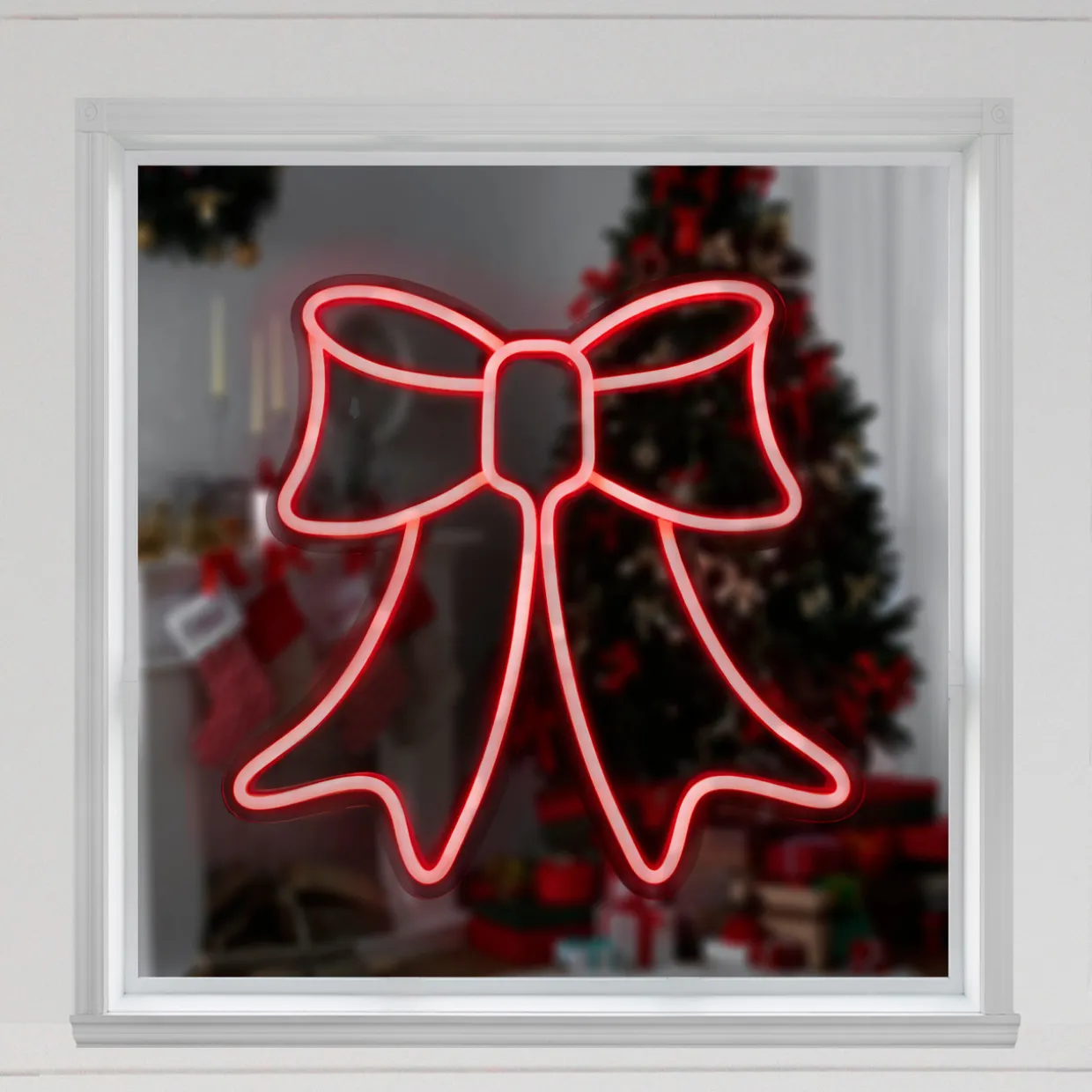 15" Red LED Lighted Neon Style Bow Christmas Window Silhouette