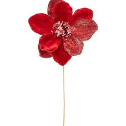 18" Red Magnolia Glittered Christmas Stem Spray