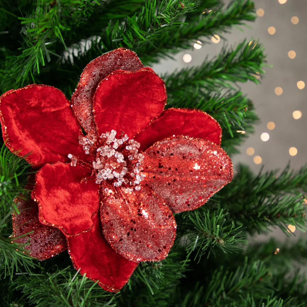 18" Red Magnolia Glittered Christmas Stem Spray