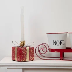 4.5" Red Metal Gift Box Christmas Taper Candle Holder