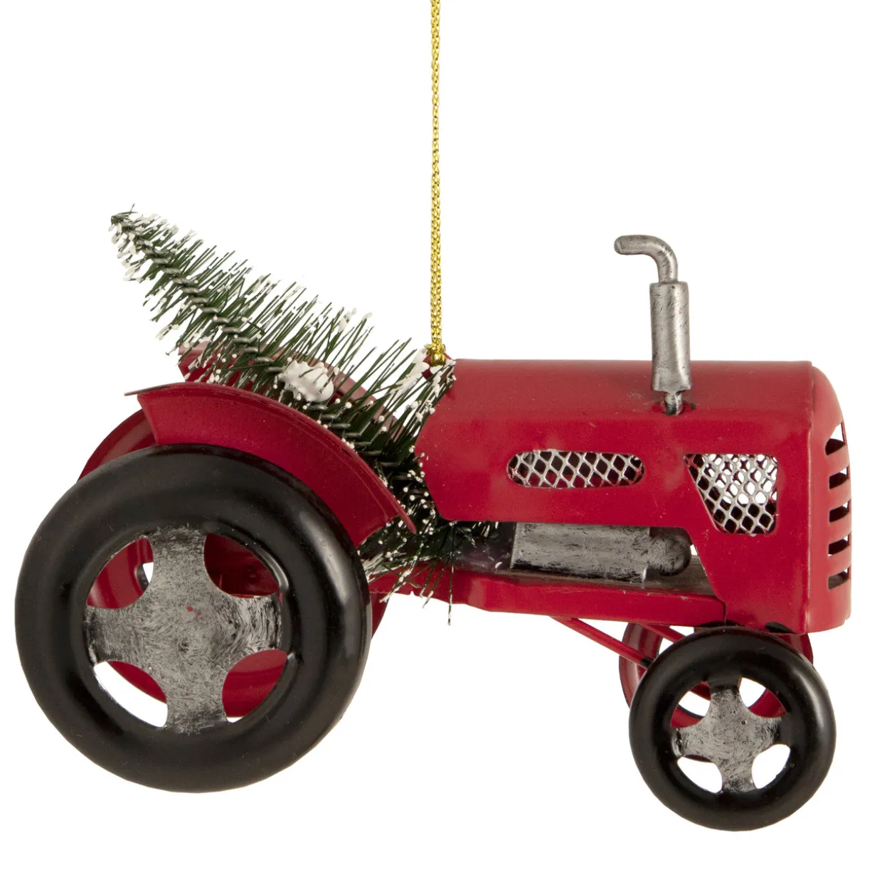 3" Red Metal Tractor with Frosted Tree Christmas Ornament