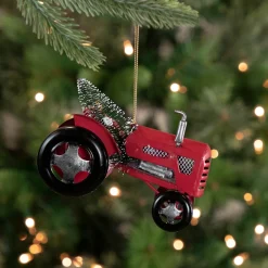3" Red Metal Tractor with Frosted Tree Christmas Ornament