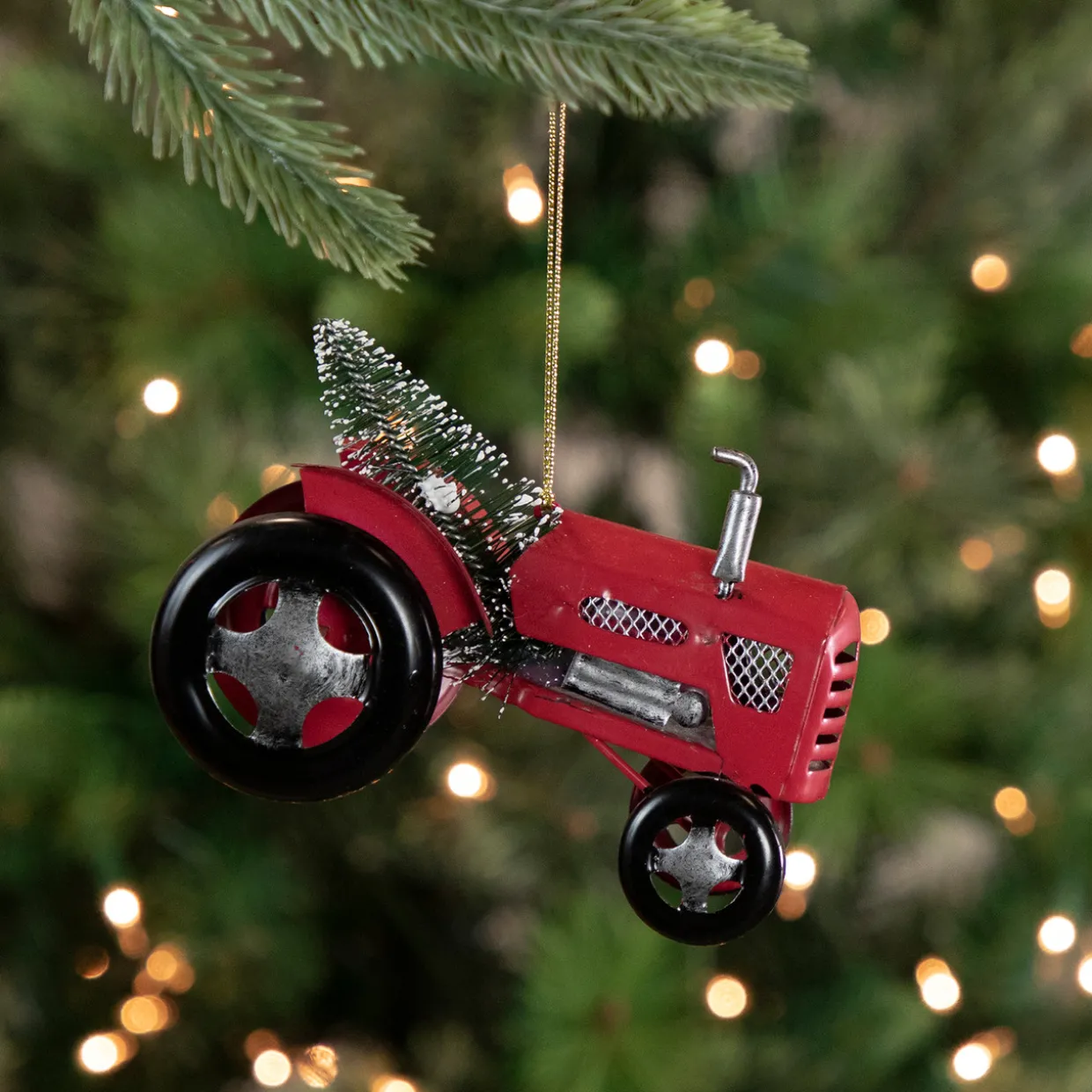3" Red Metal Tractor with Frosted Tree Christmas Ornament