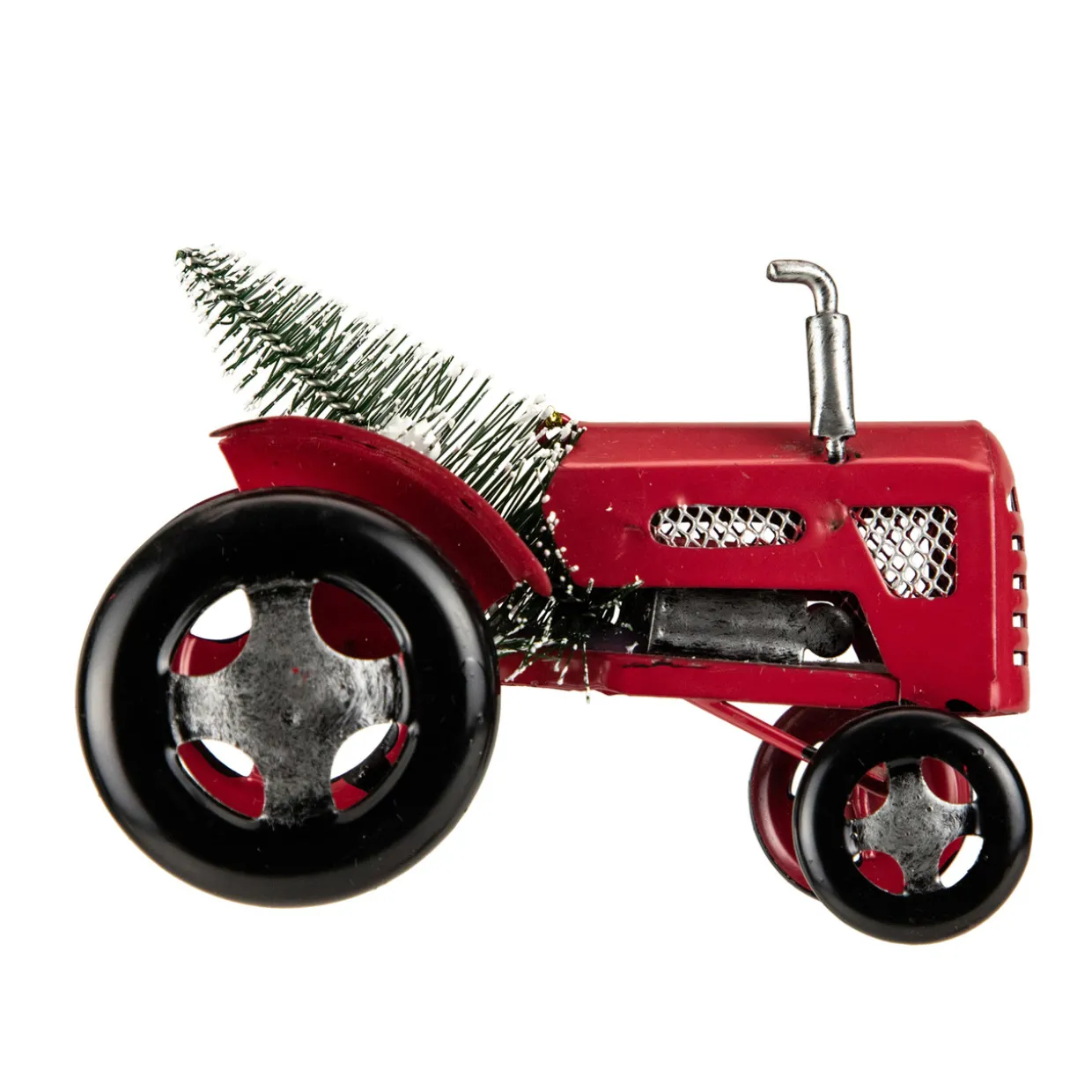 3" Red Metal Tractor with Frosted Tree Christmas Ornament