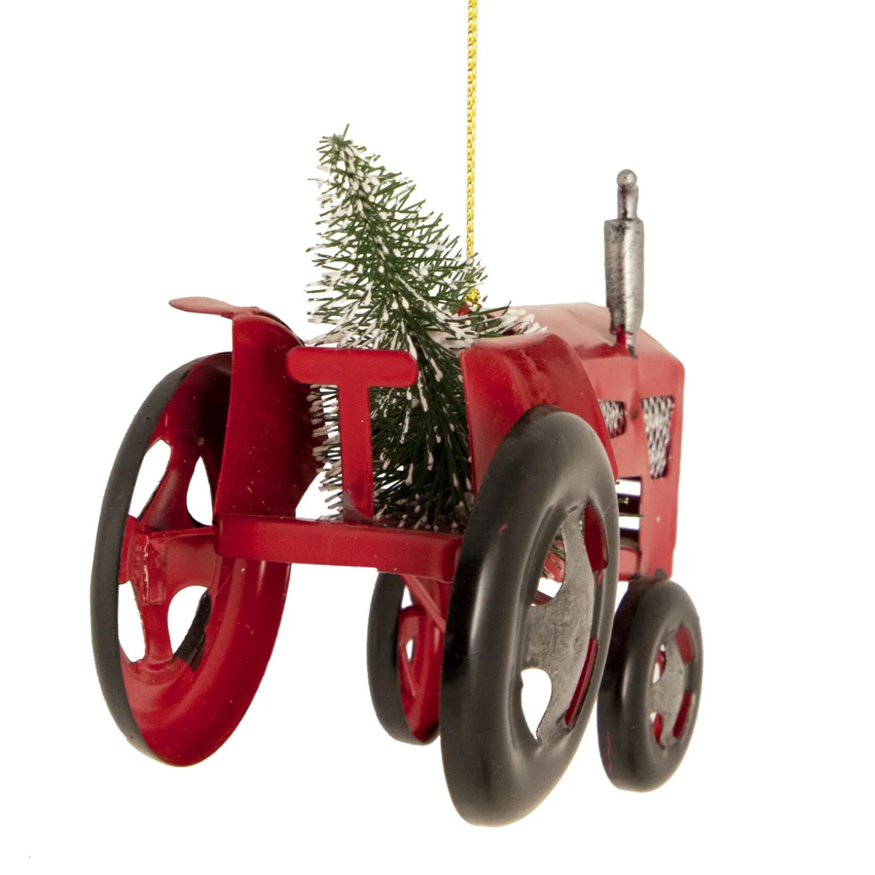 3" Red Metal Tractor with Frosted Tree Christmas Ornament