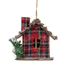 4.25" Red Plaid and Pine Needle Rustic Birdhouse Christmas Ornament