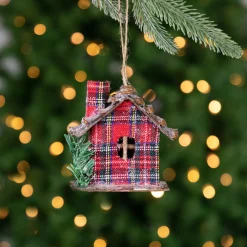 4.25" Red Plaid and Pine Needle Rustic Birdhouse Christmas Ornament