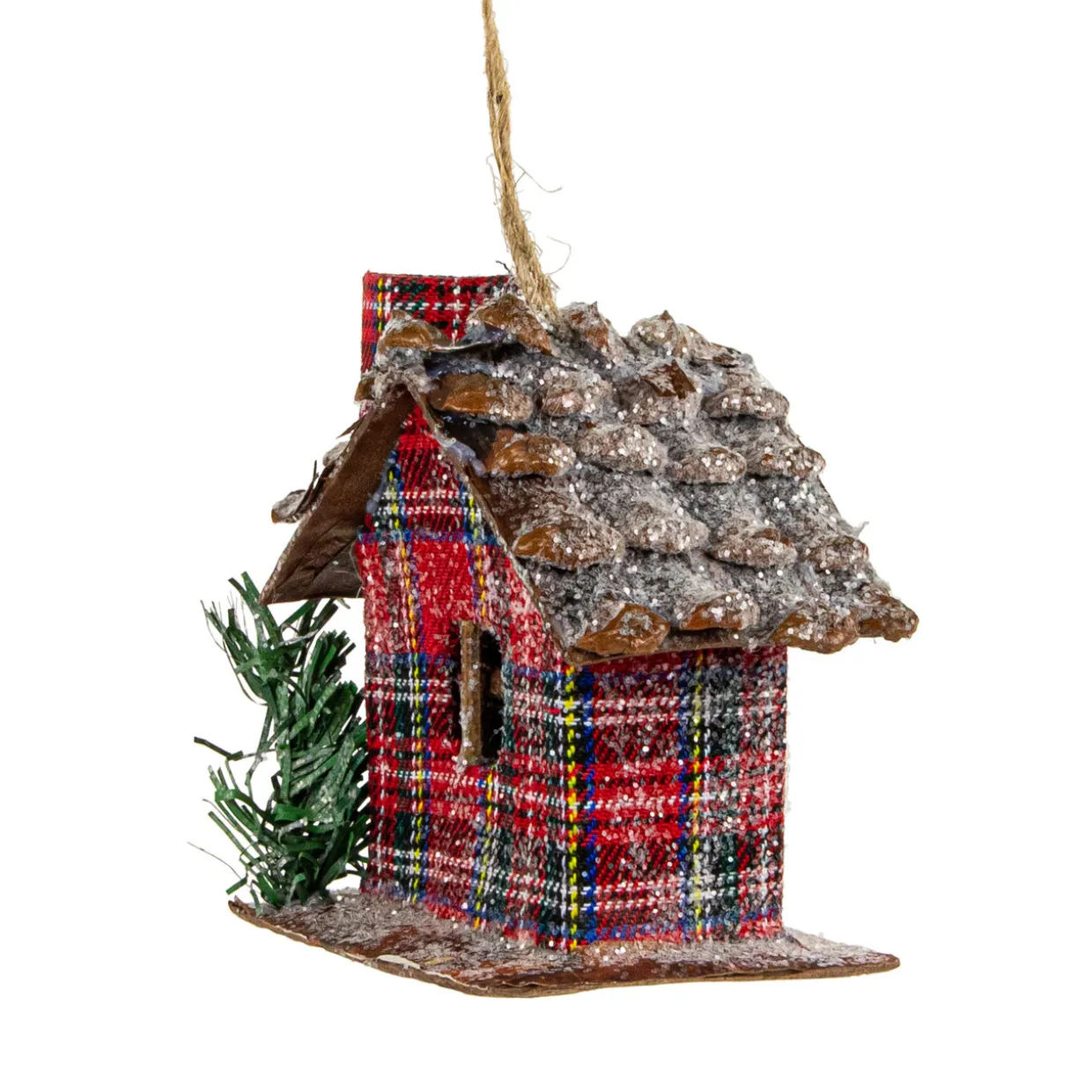 4.25" Red Plaid and Pine Needle Rustic Birdhouse Christmas Ornament