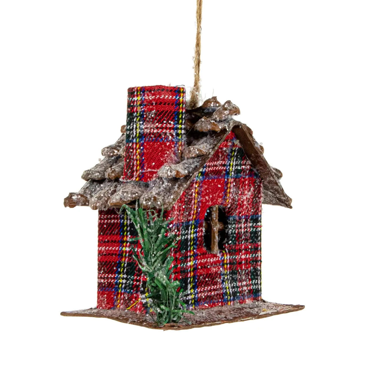 4.25" Red Plaid and Pine Needle Rustic Birdhouse Christmas Ornament