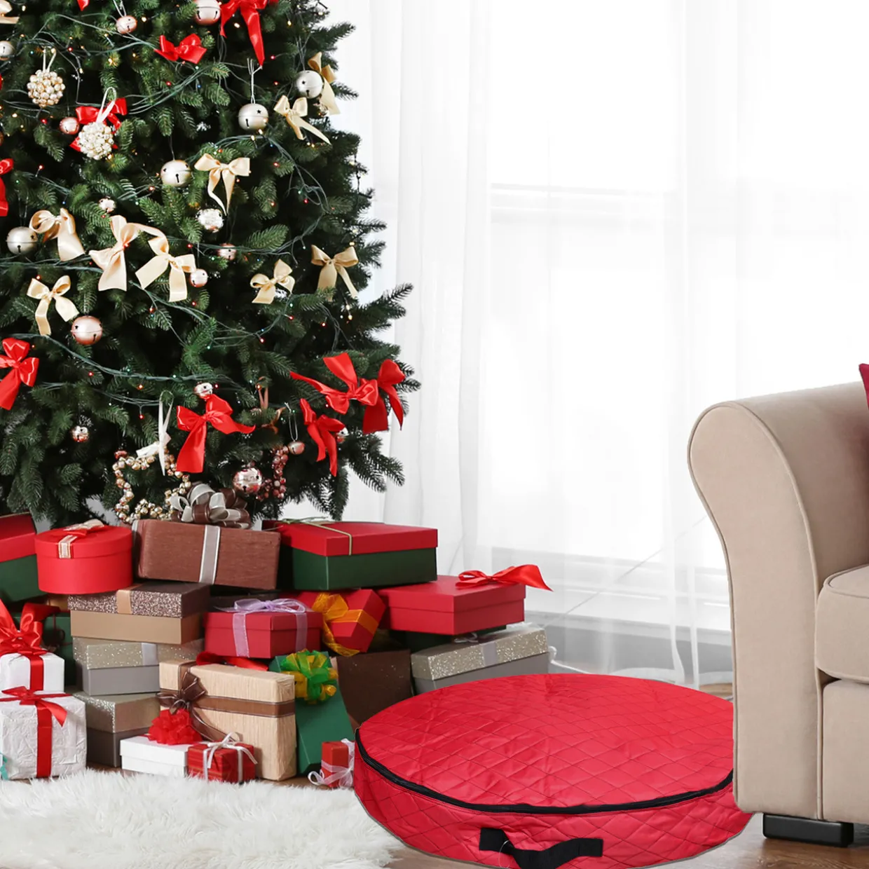 36” Red Premium Quilted Christmas Wreath Storage Bag